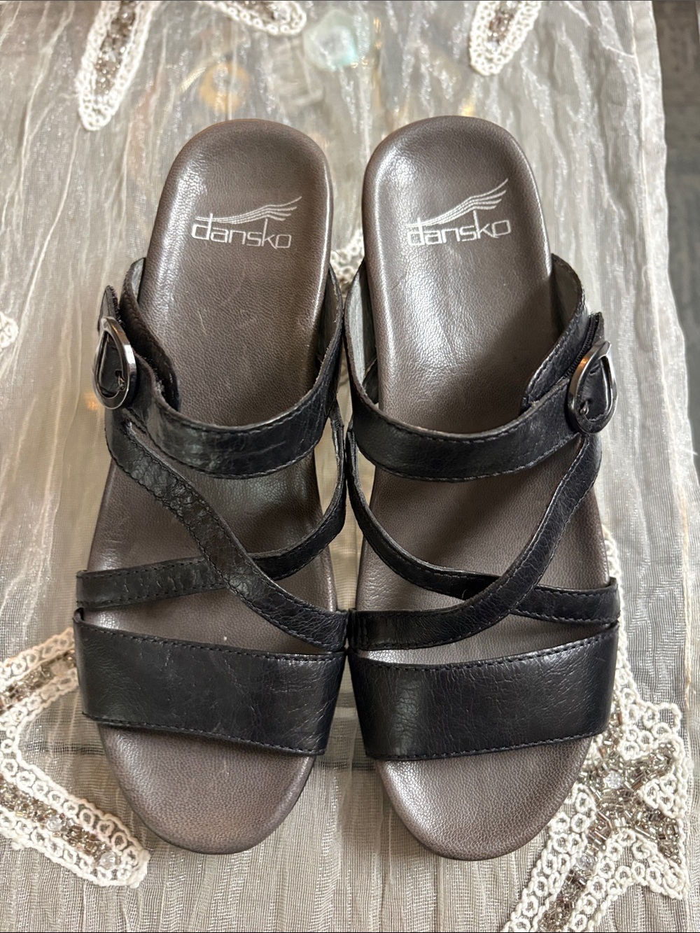 Dansko Black Leather Strappy Buckle Slide Sandals